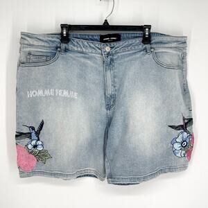 Homme + Femme NEW Embroidered Paradise Denim Shorts Unisex 44 Blue Hummingbird